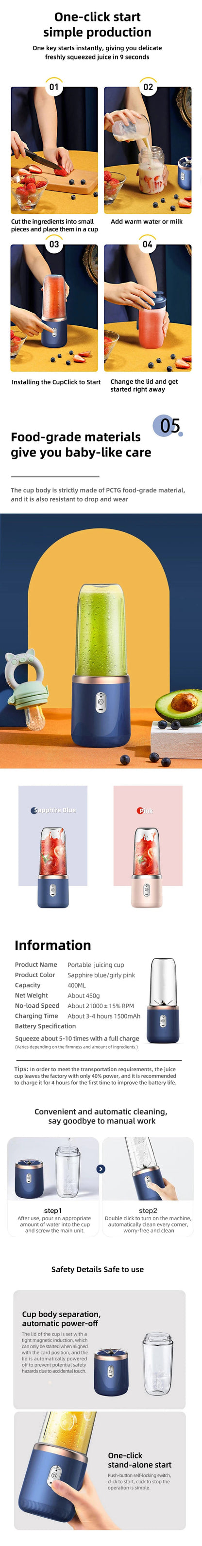 Portable Electric Blender Bottle – Smoothie &amp; Juice Maker Effortless Essentials